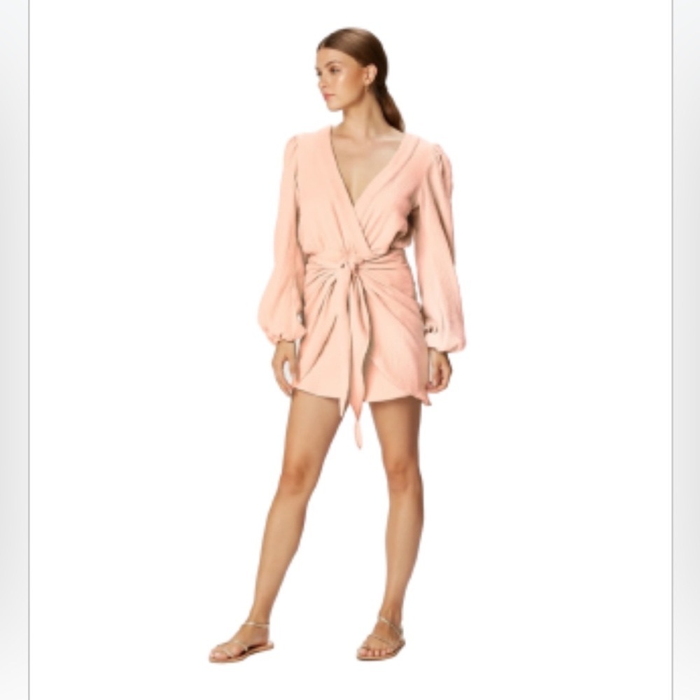 Flynn Skye Jillian Mini Blush Gauze Dress Long Sleeve Soft Pink Tie Front SZ S